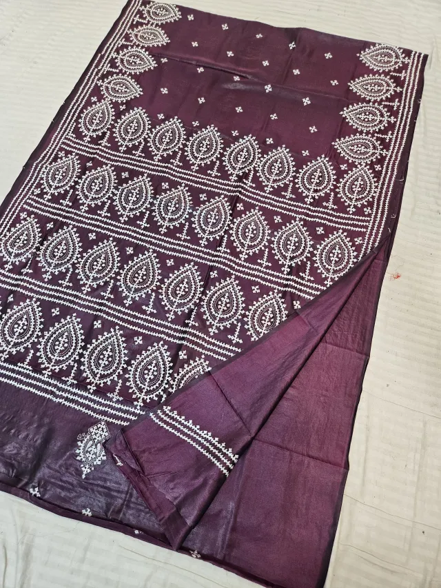 Plum Purple Blended Bangalore Silk Saree with Handcrafted Monochromatic White Gujarati Stitch Teardrop Leaf & Kalka