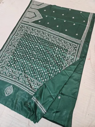 Emerald Green Blended Bangalore Silk Saree with Handcrafted Monochromatic White Gujarati Stitch Geometric Trellis Jaal