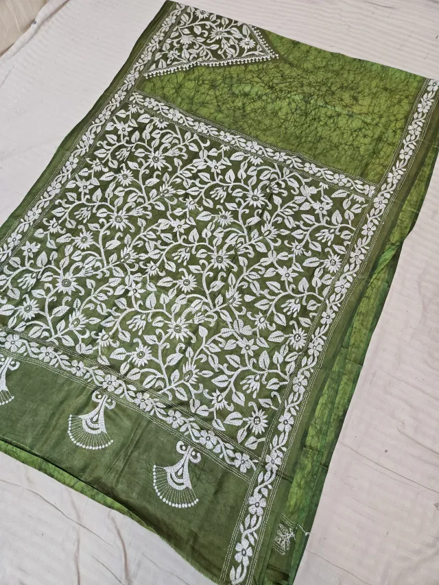 Leaf Green Blended Bangalore Silk Saree with Handcrafted Monochromatic White Batik Kantha Stitch Floral Tree Jaal