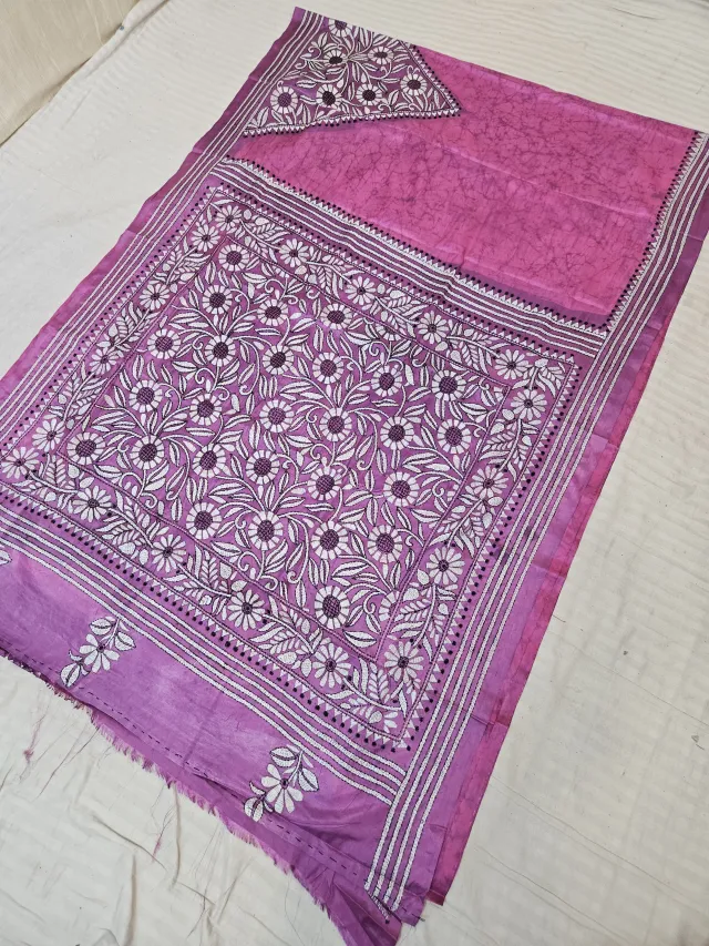 Rose Pink Blended Bangalore Silk Saree with Handcrafted Monochromatic White Batik Kantha Stitch All-Over Floral Jaal