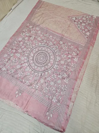 Pastel Peach Blended Bangalore Silk Saree with Handcrafted Batik Kantha Stitch Sunburst Mandala and Floral Jaal