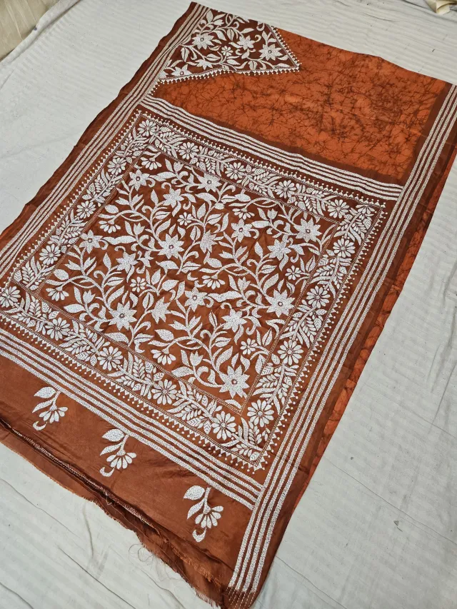 Rust Orange Blended Bangalore Silk Saree with Handcrafted Batik Kantha Stitch All-Over Floral Jaal
