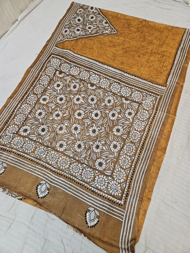 Mustard Yellow Blended Bangalore Silk Saree with Handcrafted Batik Kantha Stitch All-Over Floral Jaal
