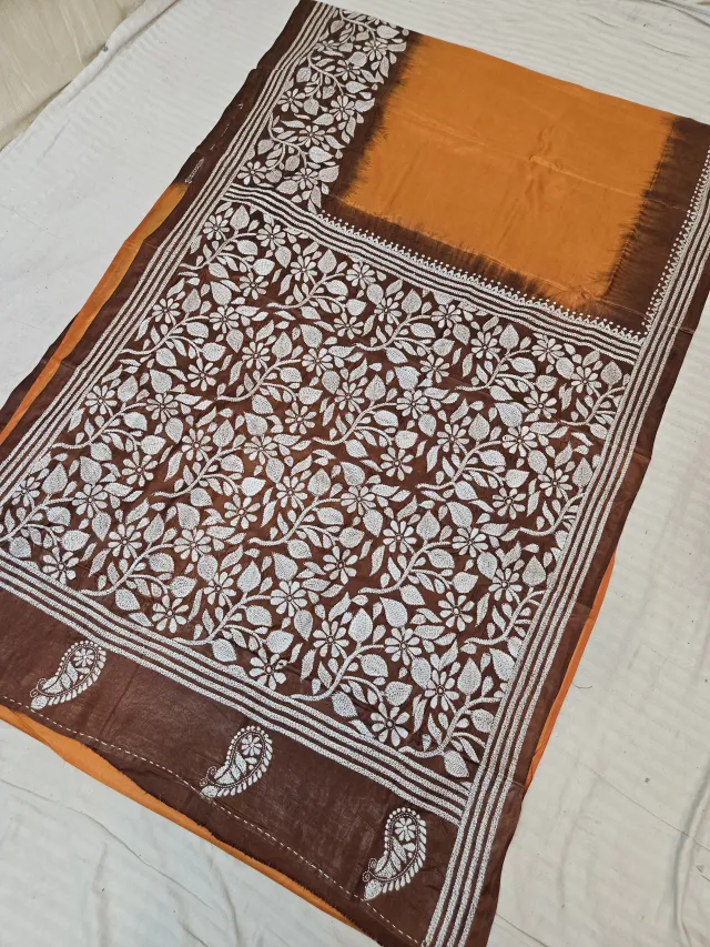 Marigold Yellow and Coffee Brown Blended Bangalore Silk Saree with Handcrafted Batik Kantha Stitch All-Over Floral Jaal