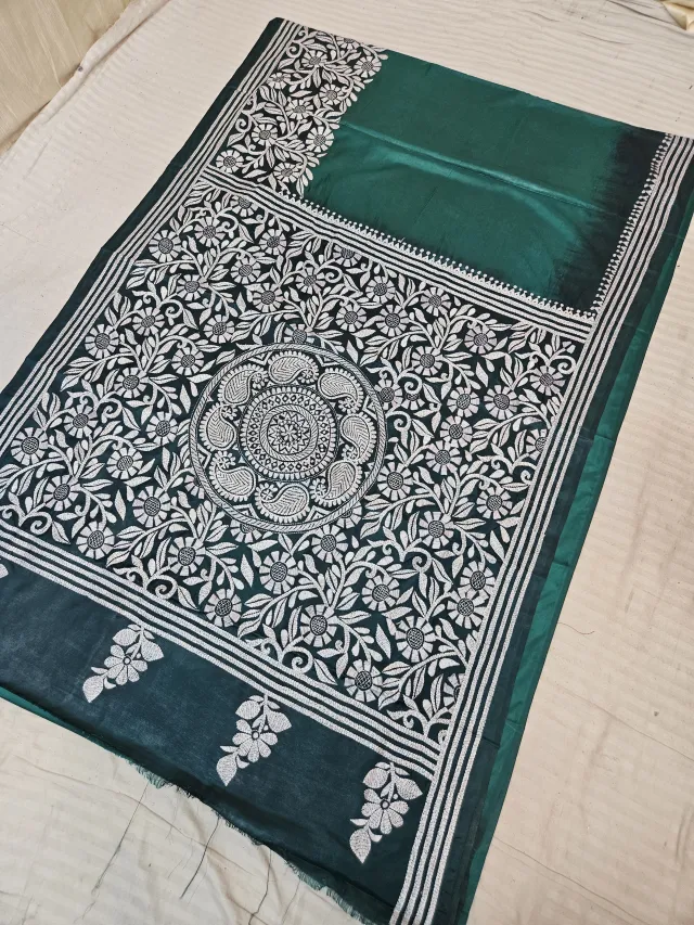 Bottle Green Blended Bangalore Silk Saree with Handcrafted Batik Kantha Stitch Sunburst Kalka Mandala and Floral Jaal
