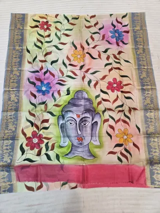Pastel Ivory Pure Bangalore Silk Saree with Woven Baluchari Border and Handcrafted Meditative Buddha Floral Handprint Art