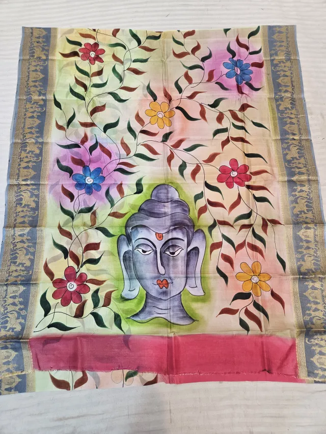 Pastel Ivory Pure Bangalore Silk Saree with Woven Baluchari Border and Handcrafted Meditative Buddha Floral Handprint Art