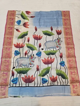 Cream Pure Bangalore Silk Saree with Woven Baluchari Border and Handcrafted Pichwai Lotus Pond Sacred Cow Handprint Art
