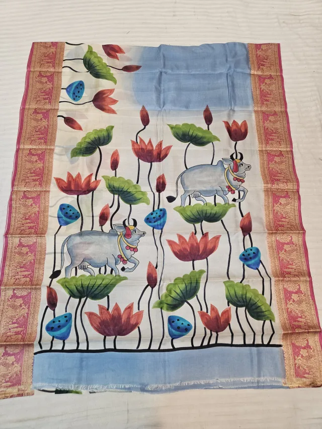 Cream Pure Bangalore Silk Saree with Woven Baluchari Border and Handcrafted Pichwai Lotus Pond Sacred Cow Handprint Art
