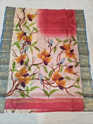 Dual-Tone Ivory and Peach Pure Bangalore Silk Saree with Woven Baluchari Border and Handcrafted Songbird Floral Handprint Art