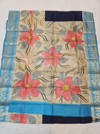 Tussar Beige Pure Bangalore Silk Saree with Woven Baluchari Border and Handcrafted Coral Star Flower Handprint Art