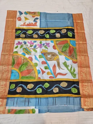 Sky Blue and Off-White Pure Bangalore Silk Saree with Woven Baluchari Border and Handcrafted Ganesha Folk Art Handprint