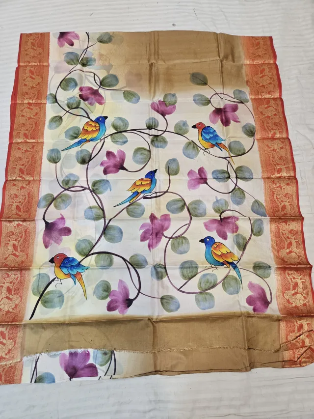 Ivory and Beige Pure Bangalore Silk Saree with Woven Baluchari Border and Handcrafted Songbirds on Floral Vine Handprint Art