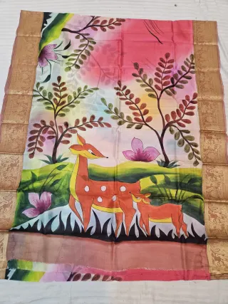 Blush Peach Pure Bangalore Silk Saree with Woven Baluchari Border and Handcrafted Mother Deer and Fawn Meadow Handprint Art