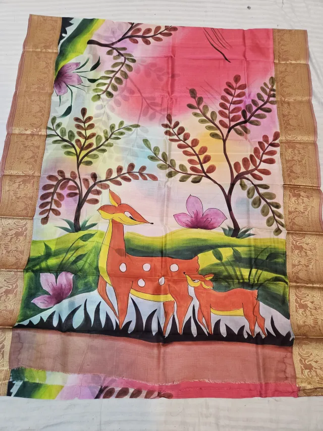Blush Peach Pure Bangalore Silk Saree with Woven Baluchari Border and Handcrafted Mother Deer and Fawn Meadow Handprint Art