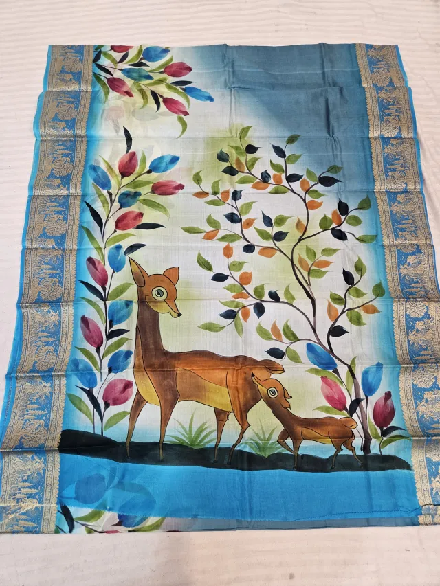 Sky Blue and Ivory Pure Bangalore Silk Saree with Woven Baluchari Border and Handcrafted Mother Deer and Fawn Forest Handprint Art