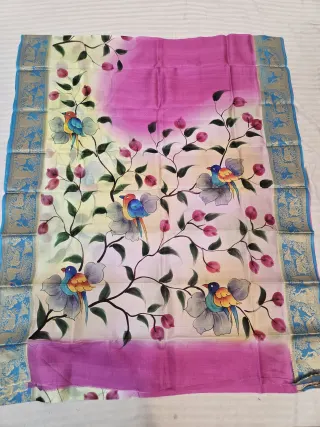 Rose Pink and Ivory Pure Bangalore Silk Saree with Woven Baluchari Border and Handcrafted Songbirds on Floral Vine Handprint Art