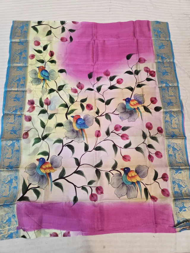 Rose Pink and Ivory Pure Bangalore Silk Saree with Woven Baluchari Border and Handcrafted Songbirds on Floral Vine Handprint Art