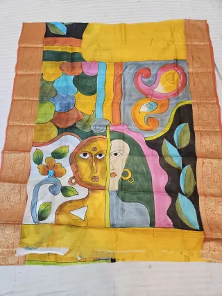 Sunshine Yellow Pure Bangalore Silk Saree with Woven Baluchari Border and Handcrafted Contemporary Folk Split Face Handprint Art