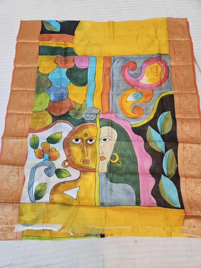 Sunshine Yellow Pure Bangalore Silk Saree with Woven Baluchari Border and Handcrafted Contemporary Folk Split Face Handprint Art