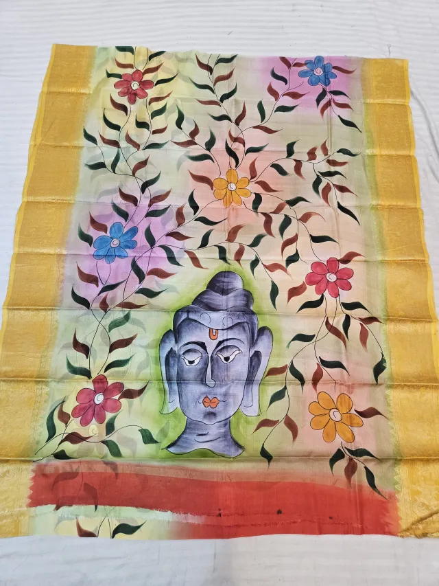 Pastel Ivory Pure Bangalore Silk Saree with Golden Zari Baluchari Border and Handcrafted Meditative Buddha Floral Handprint Art