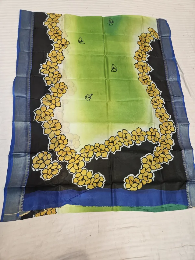 Parrot Green and Midnight Black Pure Bangalore Silk Saree with Woven Baluchari Border and Handcrafted Golden Floral Garland Handprint Art