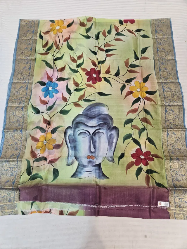 Pista Green Pure Bangalore Silk Saree with Woven Baluchari Border and Handcrafted Meditative Buddha Floral Handprint Art