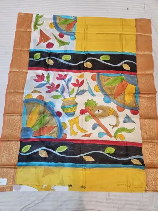 Sunshine Yellow and Off-White Pure Bangalore Silk Saree with Woven Baluchari Border and Handcrafted Ganesha Folk Art Handprint