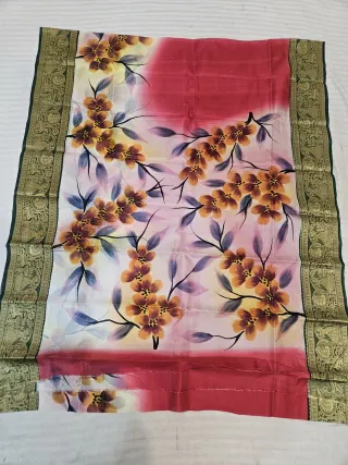 Ivory and Rose Pink Pure Bangalore Silk Saree with Woven Baluchari Border and Handcrafted Golden Blossom Floral Handprint Art