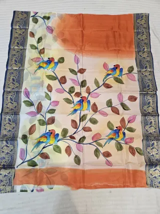 Creamy Ivory Pure Bangalore Silk Saree with Woven Baluchari Border and Handcrafted Lovebirds on Foliage Handprint Art