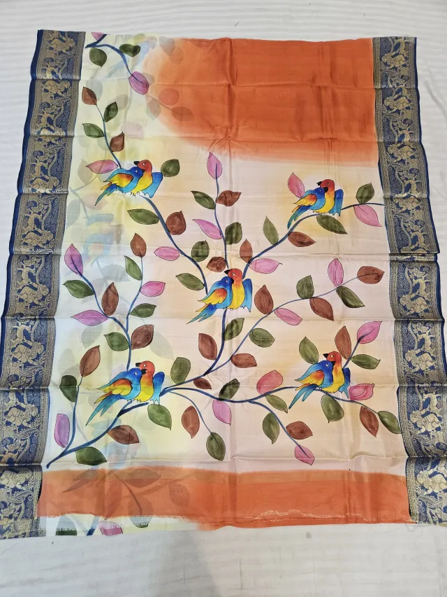 Creamy Ivory Pure Bangalore Silk Saree with Woven Baluchari Border and Handcrafted Lovebirds on Foliage Handprint Art