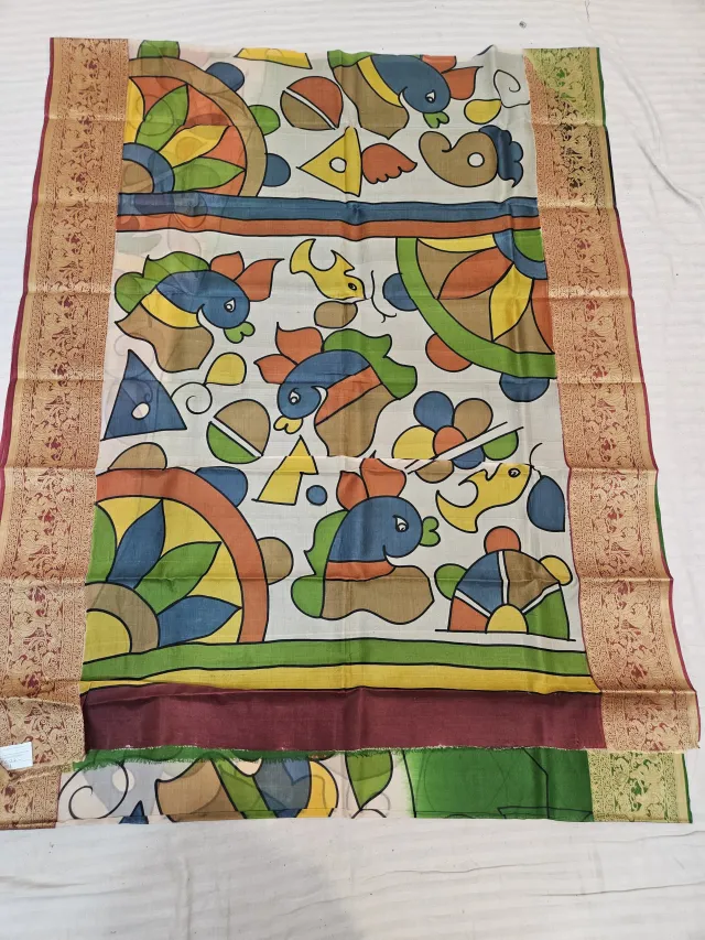 Off-White Pure Bangalore Silk Saree with Woven Baluchari Border and Handcrafted Bengal Folk Fish and Chakra Handprint Art