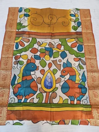 Mustard Yellow and Off-White Pure Bangalore Silk Saree with Woven Baluchari Border and Handcrafted Bengal Folk Peacock Bird Handprint Art