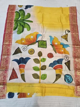 Sunshine Yellow and Off-White Pure Bangalore Silk Saree with Woven Baluchari Border and Handcrafted Folk Butterfly Handprint Art