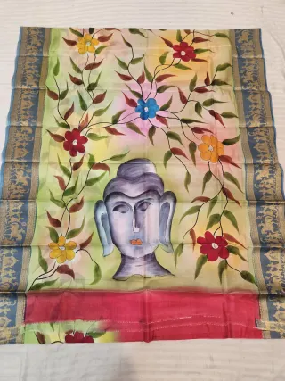 Pastel Lime and Peach Pure Bangalore Silk Saree with Woven Baluchari Border and Handcrafted Meditative Buddha Floral Handprint Art