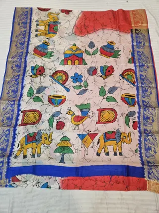 Off-White and Coral Pure Bangalore Silk Saree with Woven Baluchari Border and Handcrafted Bengal Folk Village Life Batik Handprint Art