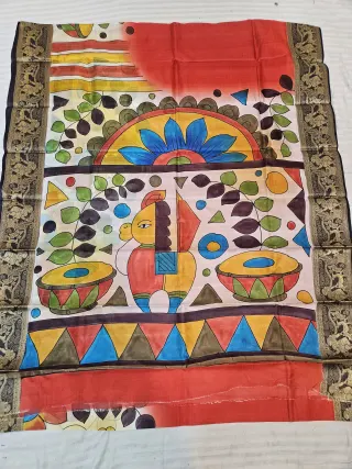Off-White and Red Pure Bangalore Silk Saree with Woven Baluchari Border and Handcrafted Bengal Folk Horse and Drum Handprint Art