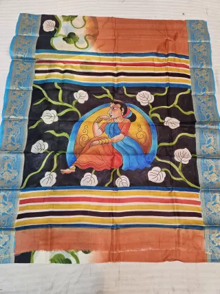 Terracotta Rust and Black Pure Bangalore Silk Saree with Woven Baluchari Border and Handcrafted Bengal Folk Nayika Handprint Art