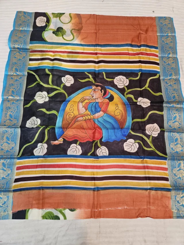 Terracotta Rust and Black Pure Bangalore Silk Saree with Woven Baluchari Border and Handcrafted Bengal Folk Nayika Handprint Art