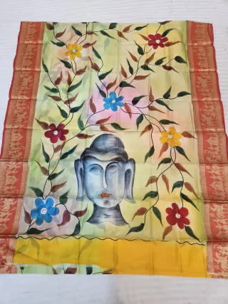 Pastel Lime and Yellow Pure Bangalore Silk Saree with Woven Baluchari Border and Handcrafted Meditative Buddha Floral Handprint Art