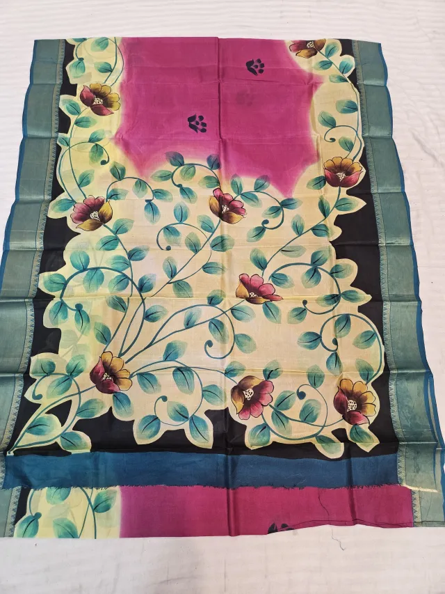 Magenta and Ivory Pure Bangalore Silk Saree with Woven Baluchari Border and Handcrafted Two-Tone Floral Vine Handprint Art