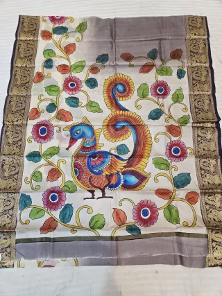 Ash Grey and Ivory Pure Bangalore Silk Saree with Woven Baluchari Border and Handcrafted Royal Folk Peacock Handprint Art
