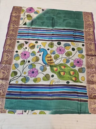 Emerald Green and Off-White Pure Bangalore Silk Saree with Woven Baluchari Border and Handcrafted Folk Peacock Blossom Handprint Art