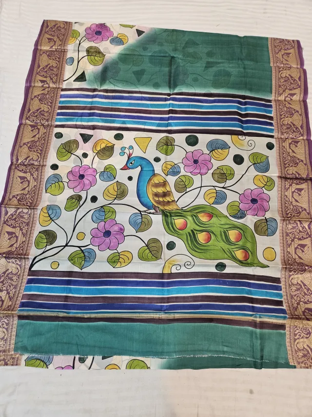Emerald Green and Off-White Pure Bangalore Silk Saree with Woven Baluchari Border and Handcrafted Folk Peacock Blossom Handprint Art