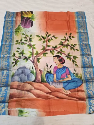 Terracotta Peach and Ivory Pure Bangalore Silk Saree with Woven Baluchari Border and Handcrafted Bengal Village Belle Tree Handprint Art