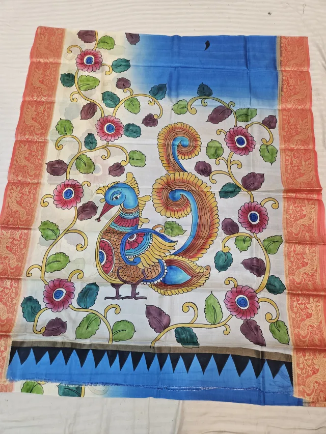 Off-White and Cerulean Blue Pure Bangalore Silk Saree with Woven Baluchari Border and Handcrafted Royal Folk Peacock Handprint Art