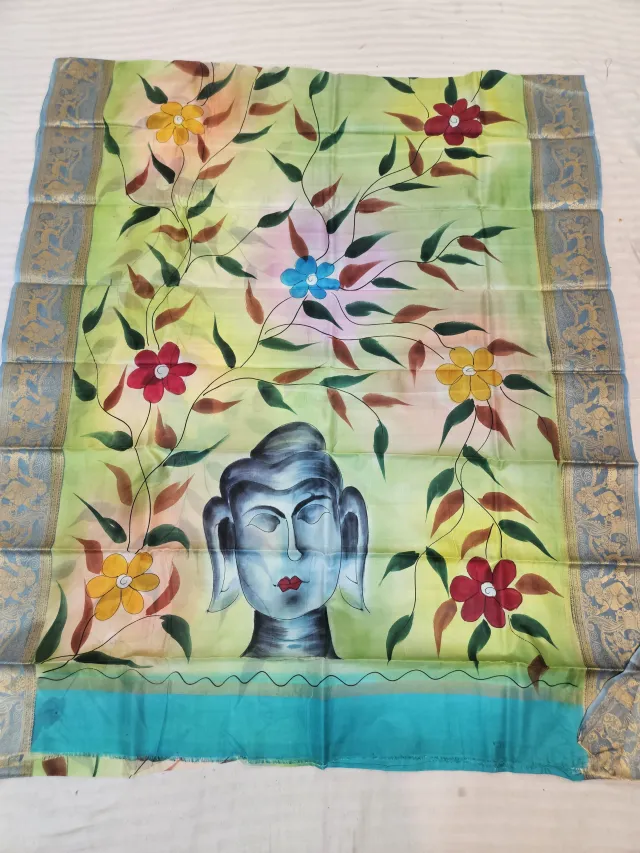 Pista Green and Turquoise Pure Bangalore Silk Saree with Woven Baluchari Border and Handcrafted Meditative Buddha Floral Handprint Art