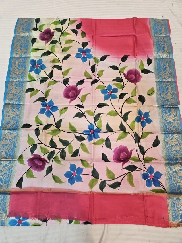 Rose Pink and Ivory Pure Bangalore Silk Saree with Woven Baluchari Border and Handcrafted Magenta Rose and Blue Flora Handprint Art