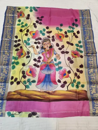 Fuchsia Pink and Ivory Pure Bangalore Silk Saree with Woven Baluchari Border and Handcrafted Classical Dancer Floral Handprint Art