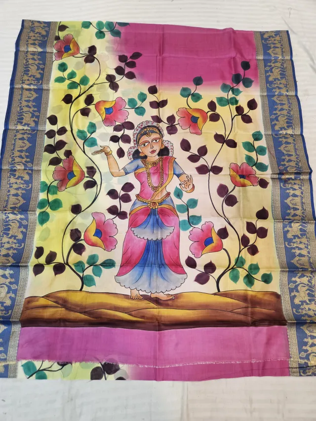 Fuchsia Pink and Ivory Pure Bangalore Silk Saree with Woven Baluchari Border and Handcrafted Classical Dancer Floral Handprint Art